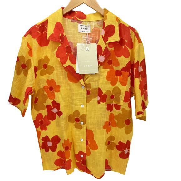Sabo Shirt Womens 0 XXS Floral Cotton Oversized Button Up Short Sleeve NEW - Picture 1 of 8